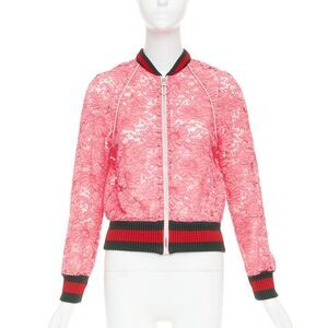 GUCCI 2015 Michele pink floral lace vintage web bomber jacket IT40 S